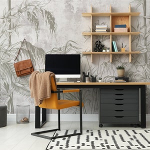Vintage bamboo wall mural | Grey cement stone texture floral paper wallpaper | DIY feature wall for bedroom, living room, kitchen and office