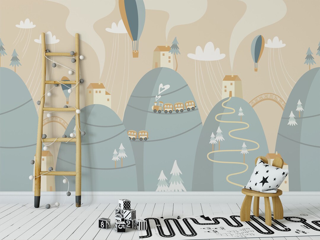 Hot Air Balloons Over Mountain Village Nursery Wallpaper | Nursery ...