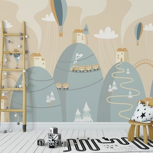 Hot air balloons over mountain village nursery wallpaper | Nursery Decor | DIY wall art mural