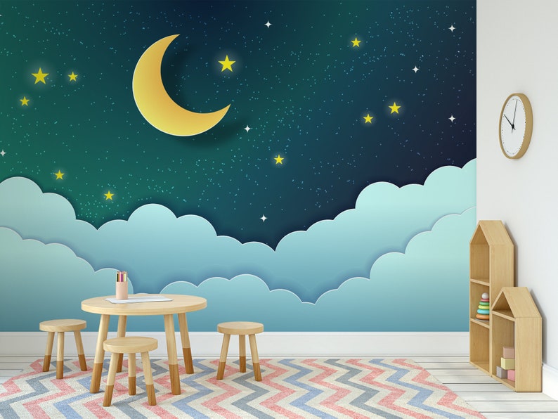 Moon and Stars in Cloudy Night Sky Nursery Wallpaper | Nursery Decor ...