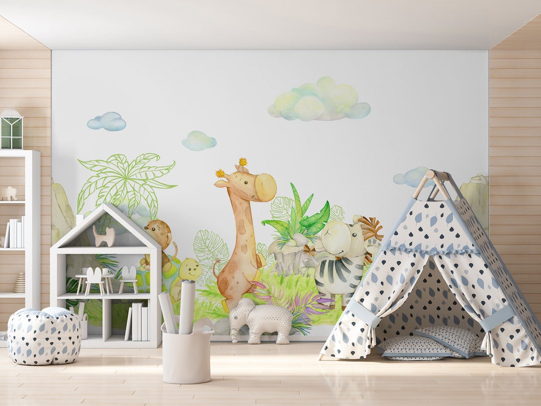 Jungle Animals Nursery Wallpaper Mural: Peel & Stick Wall Art - Etsy
