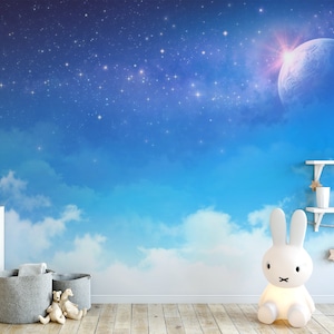 Carta da parati blu con cielo notturno stellato / Carta da parati in carta per bambini con luna e nuvole / Parete funzionale facile fai-da-te per camera da letto, soggiorno, cucina e ufficio