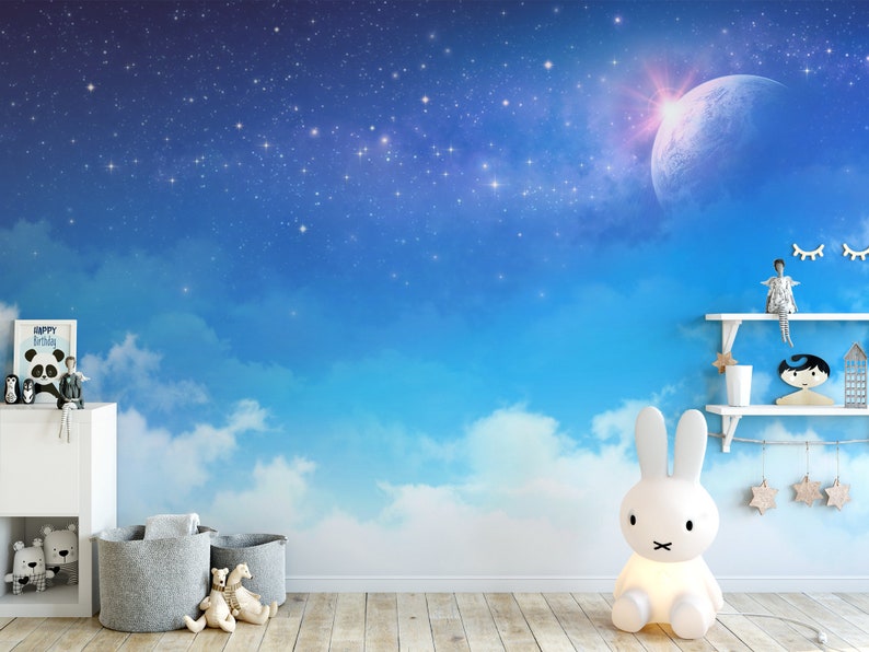 Blue Starry Night Sky Wall Mural | Kids Moon and Clouds Paper Wallpaper ...
