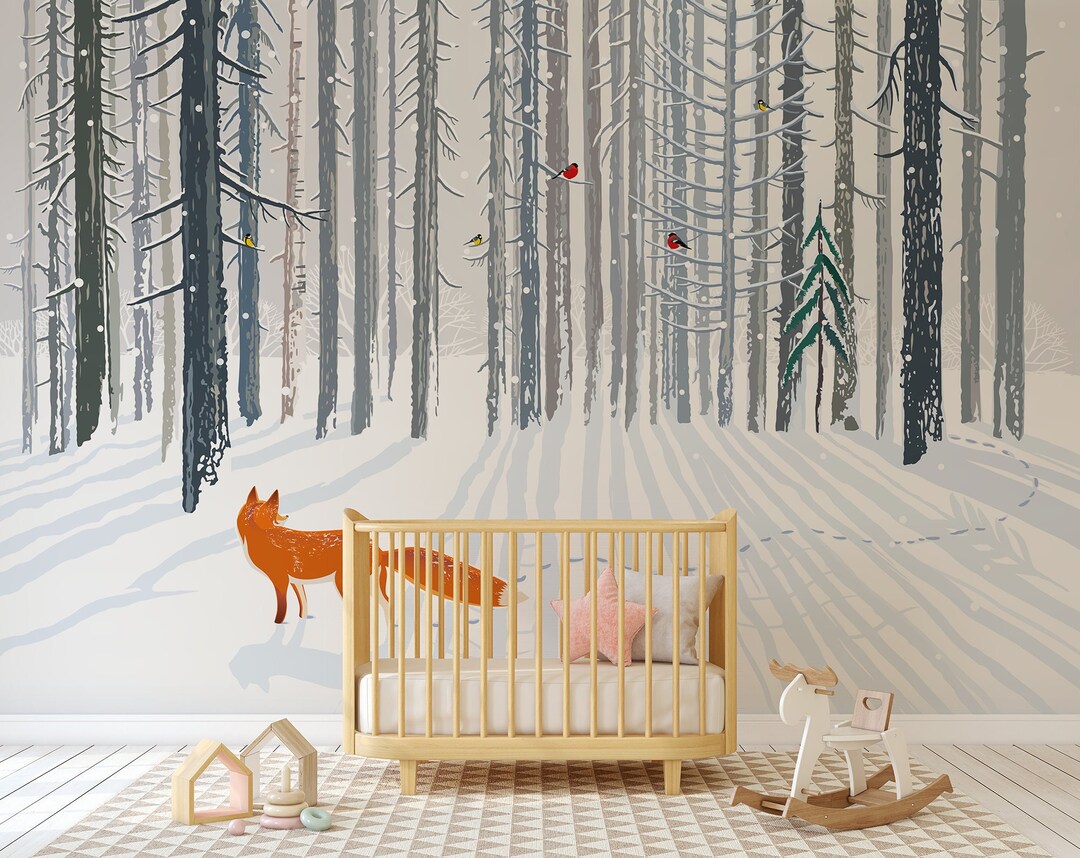Fox Winter Forest Nursery Wallpaper Baby's Room Home Etsy