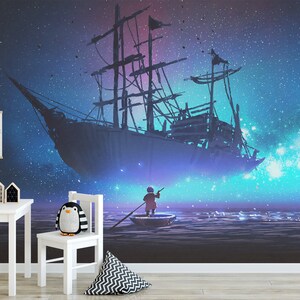 Murale magico con nave pirata / Carta da parati in carta con barca con cielo notturno viola e blu / Parete fantasy fai-da-te per camerette per bambini e ragazzi