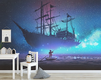 Magical pirate ship wall mural | Purple and blue night sky boat paper wallpaper | DIY fantasy feature wall for children's and kids bedroom