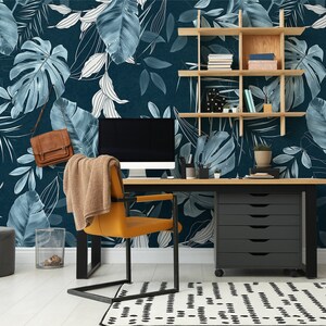 Botanische Monstera Wandbild | Blaue florale Dschungelblatt Papiertapete | DIY Wanddeko für Schlafzimmer, Wohnzimmer, Küche, Arbeitszimmer und Büro