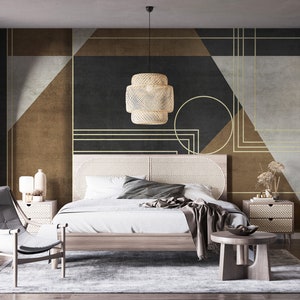 Murale moderno a colori a blocchi / Carta da parati in carta art deco nera, marrone, oro / Parete caratteristica fai-da-te per camera da letto, soggiorno, cucina e ufficio