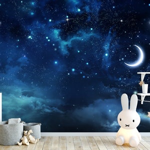 Blue starry night sky wall mural | Kids Crescent moon paper wallpaper | Easy DIY feature wall for bedroom, living room, kitchen and office