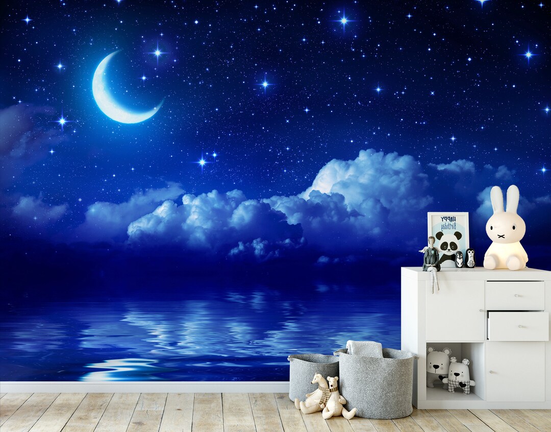 Moon Stars Night Sky Wallpaper Mural: Calming Sea, Kids Room - Etsy