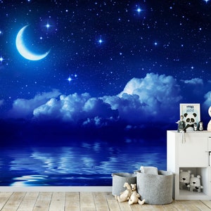 Carta da parati per camera dei bambini e sala giochi / Murale con cielo notturno con luna e stelle sul mare calmo / Parete caratteristica facile fai-da-te per camerette e asili nido
