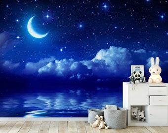 Wall Mural – Dreamy Ocean Moonlight Landscape, Dark Blue, 118" X 83" (6 Panels), Non-Woven Fabric, 3D Print, For Bedroom, Living Room, Bathroom, Kids' Room (Glue-On)