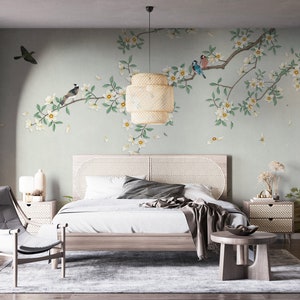 Asiatische Blumen Baum Wandbild: Japanische Vogel Malerei, abnehmbare Tapete