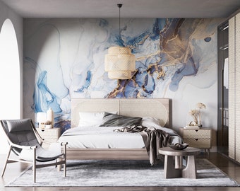 Navy Gold Marble Wallpaper Mural: Abstract Fluid Art