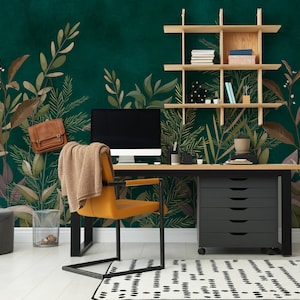 Murale floreale verde boho / Carta da parati astratta in carta botanica con felce / Parete caratteristica fai-da-te per camera da letto, soggiorno, cucina e ufficio