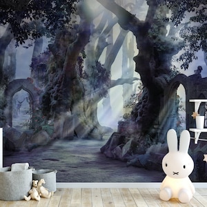 Murale viola della foresta magica delle fate / Carta da parati in carta con rovine elfiche del bosco blu / Parete caratteristica facile fai-da-te per la camera da letto dei bambini