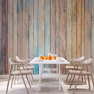 Rustikale Holzplatten Wandbild | Regenbogen Holzmaserung Grunge Papiertapete | DIY Wanddeko für Schlafzimmer, Wohnzimmer, Küche, Arbeitszimmer und Büro