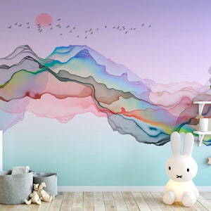 Abstract asian landscape wall mural | Rainbow art wallpaper | DIY feature wall for bedroom, living room, kitchen and office