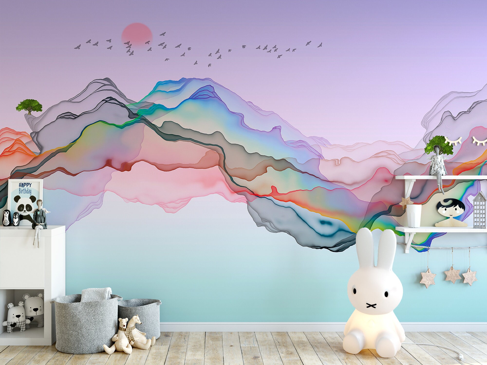 Abstract asian landscape wall mural | Rainbow art wallpaper | DIY feature wall for bedroom, living room, kitchen and office