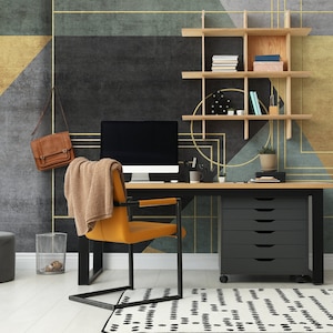 Modernes geometrisches Wandbild | Coole Art Deco Papiertapete in Grün und Gold | DIY Feature Wall für Schlafzimmer, Wohnzimmer, Küche und Büro