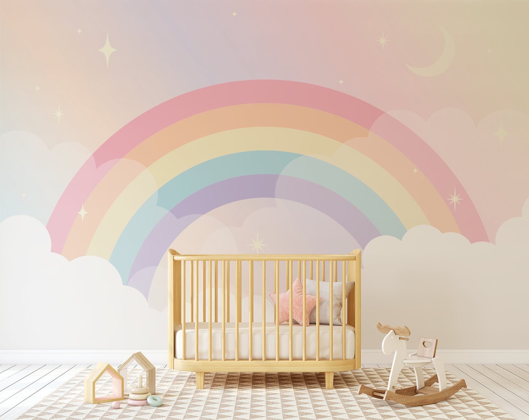 Pastel Rainbow and Clouds Nursery Wallpaper | Nursery Decor | DIY Wall ...