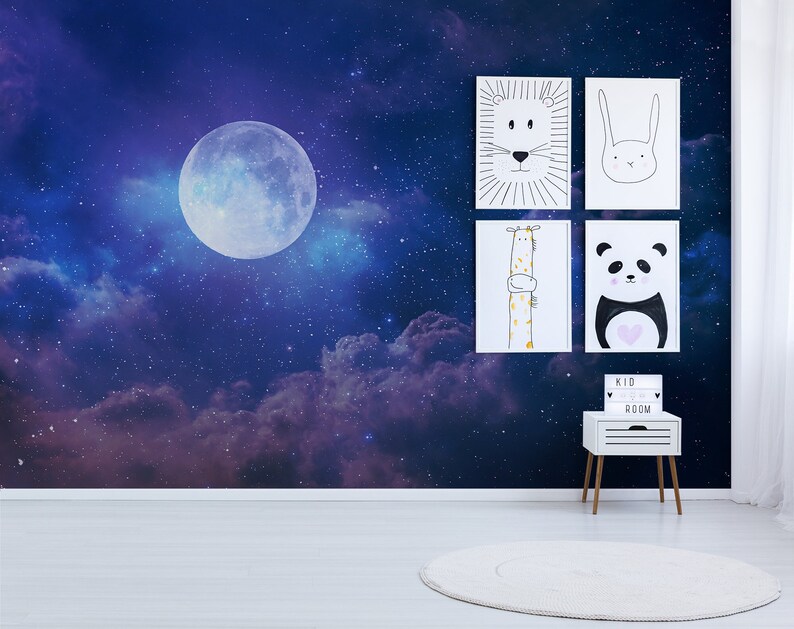 Kids Room and Playroom Wallpaper | Full Moon and Galaxy Night Sky Mural ...