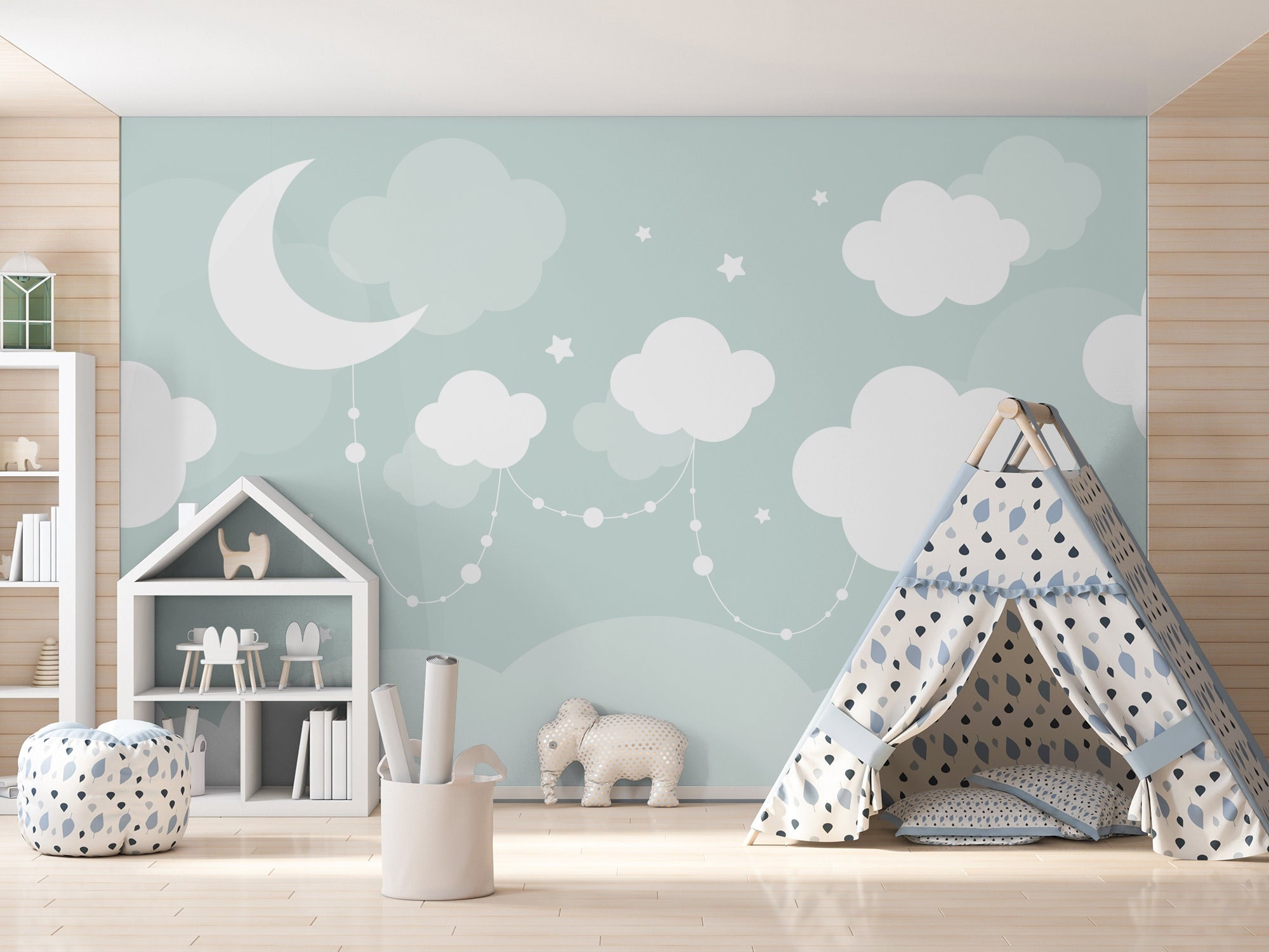 Carta da parati per cameretta con cielo notturno verde pastello / Decorazione per cameretta / Murale fai da te