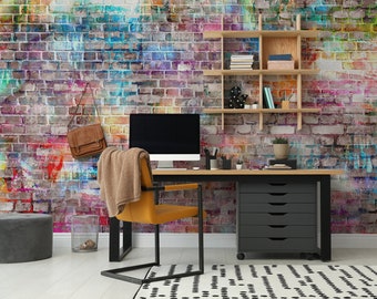 Rainbow brick wall mural | Abstract grunge brick paper wallpaper | Easy DIY feature wall for bedroom, living room, kitchen and office