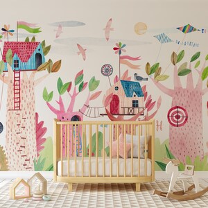 Papel tapiz infantil de casa del árbol con acuarela para guardería / Decoración infantil / Mural de arte de pared DIY