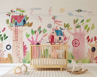Carta da parati per bambini con casetta sull&#39;albero in stile acquerello / Decorazione per la cameretta dei bambini / Murale fai da te