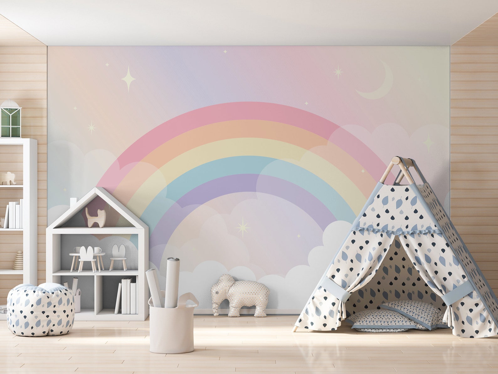 Pastel Rainbow and Clouds Nursery Wallpaper | Nursery Decor | DIY Wall ...