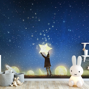 Kinder magischer Nachthimmel Wandbild | Leuchtender Mond & Sterne Papiertapete | Blaue und gelbe DIY Wand für Kinderzimmer