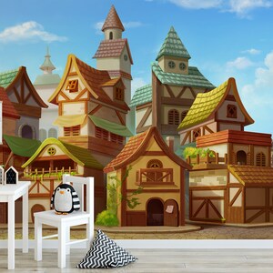 Fantasy Cartoon Dorfszene Wandbild | Blauer Himmel dnd Cottages Papiertapete | Einfache DIY Feature Wand für Kinder- und Kinderzimmer