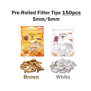 May include: Two bags of pre-rolled filter tips, one brown and one white. Each bag contains 150 tips and is labeled "Hornet Tips". The tips are 5mm/6mm in size.