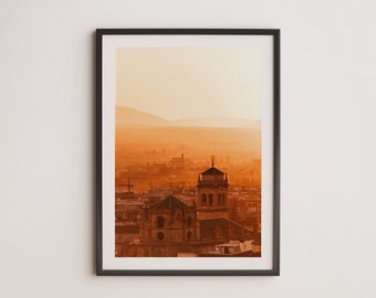 Impresión de fotografía de bellas artes, Puesta de sol en Granda Andalucía España - Fotografía de paisaje urbano del Santuario de Ntra. Sra. del Perpetuo Socorro Granada