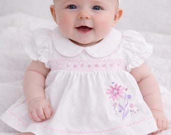 Baby Girl Smocked Dress Set, Newborn Floral Outfit, 3 Piece Bloomers & Bow Headband, Preorder 1-3 Weeks