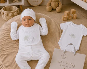 Coffret cadeau bébé éléphant neutre 0-3 mois | Ensemble de tenue pour nouveau-né | Ensemble de vêtements pour bébé | Moufles pour pyjama avec plastron | Cadeau baby shower