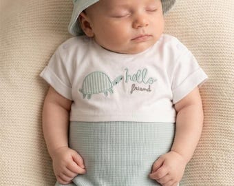Sage Green Baby Outfit Set, Newborn Romper with Hat, Neutral Baby Clothes, Organic Style Infant Outfit, Baby Shower Gift