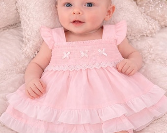 Baby Girl Pink Dress Set, Smocked Infant Dress with Bloomers, Lace Ruffle Baby Outfit, Newborn Photo Outfit, Baby Shower Gift