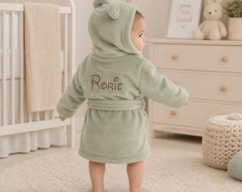 Personalized Baby Robe, Custom Name Embroidered Robe, Sage Green Baby Bathrobe, Baby Boy Gift, Luxury Nursery Outfit, Name Robe