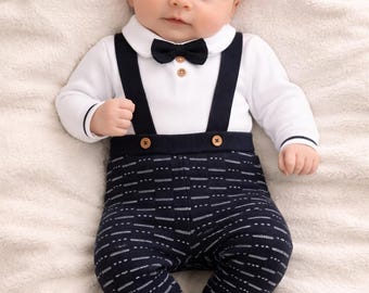 Hiszpański dzianinowy ubranko dla chłopca, niebieski komplet z szelkami i muszką, kombinezon dla noworodka, klasyczne eleganckie ubranka dla niemowląt, prezent dla dziecka