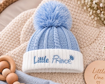 Blue Newborn Pom Pom Hat, Baby Knit Hat with Faux Fur Pom Poms, Newborn Winter Hat, Baby Boy Hat, Newborn Photo Prop, Baby Shower Gift