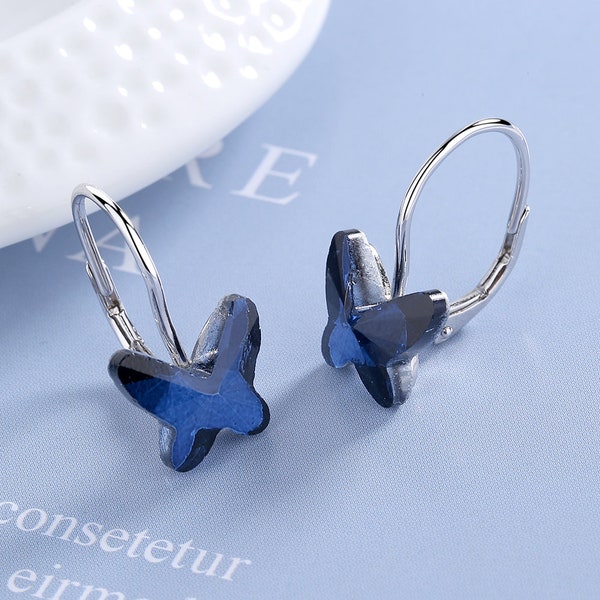 Swarovski Crystal Blue Butterfly Leverback Huggie Earrings