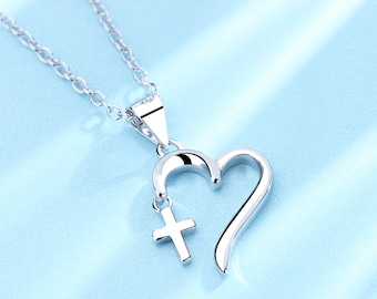 Sterling Silver Cross and Heart Pendant Necklace