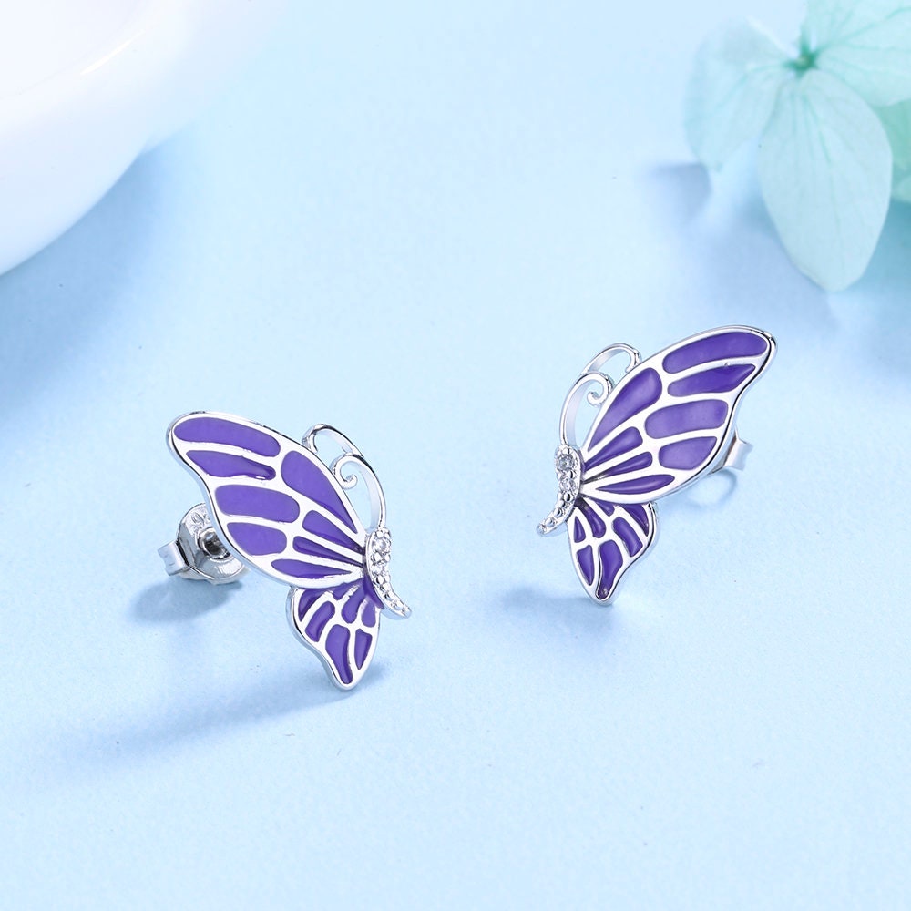 Sterling Silver Violet Butterfly Earring Studs or Necklace - Etsy