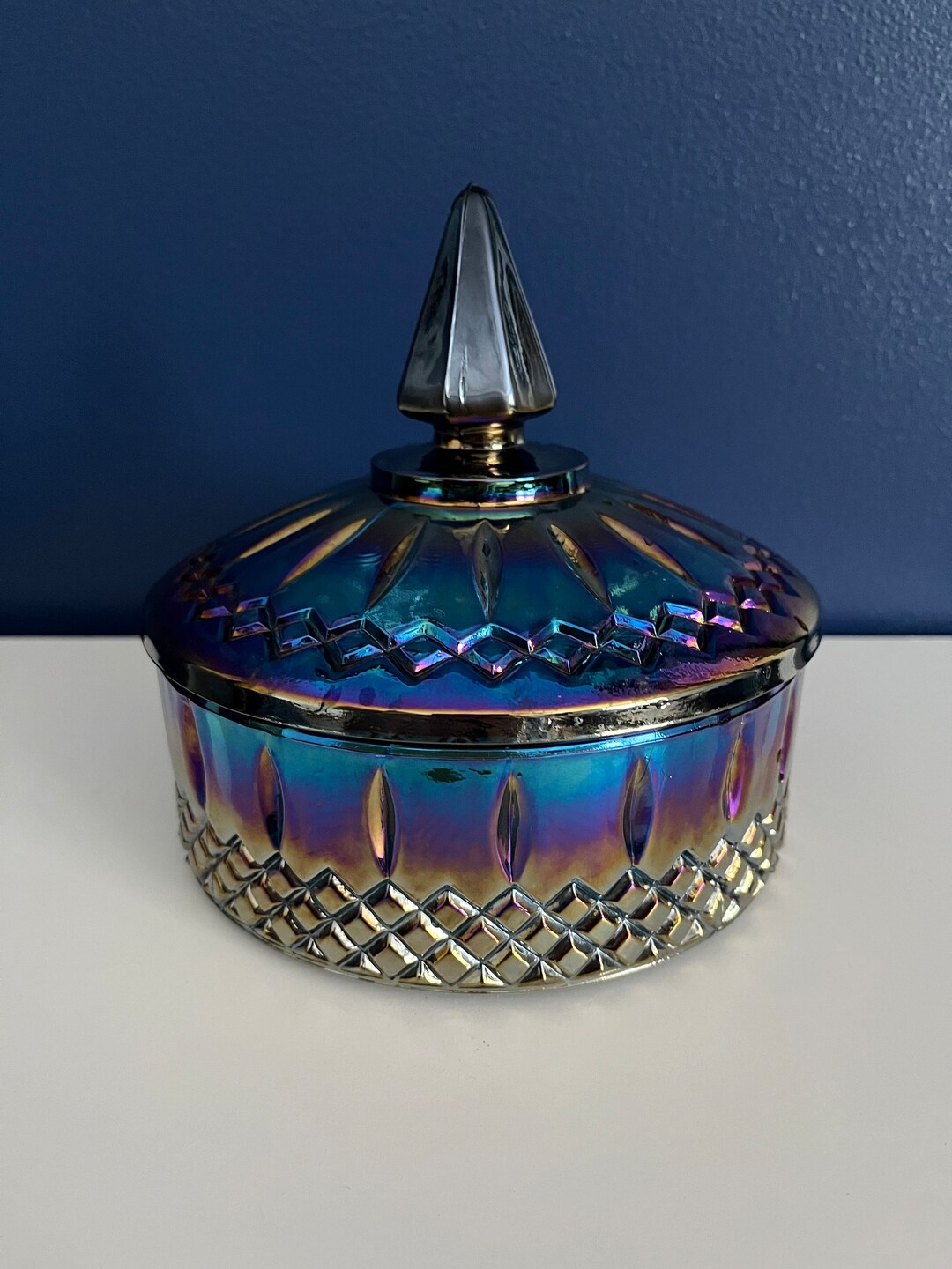 Vintage Indiana Glass Blue Carnival Glass Lidded Candy Dish in Princess