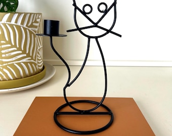 Vintage Black Cat Candle Holder | Whimsical Cat Decor | Metal