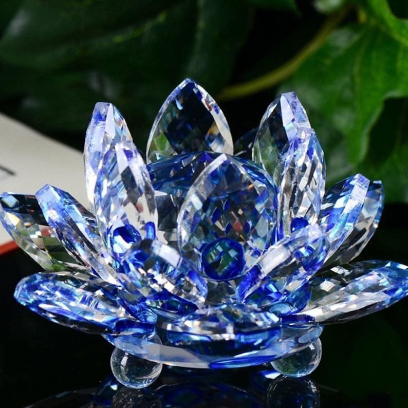 Glass Crystal Lotus Flower Tea Light Holder Blue image 3