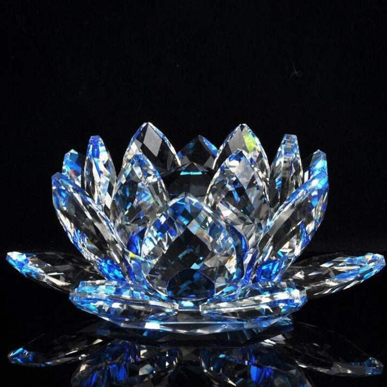 Glass Crystal Lotus Flower Tea Light Holder Blue image 5