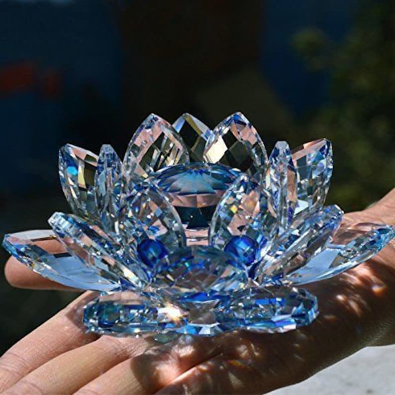 Glass Crystal Lotus Flower Tea Light Holder Blue image 4
